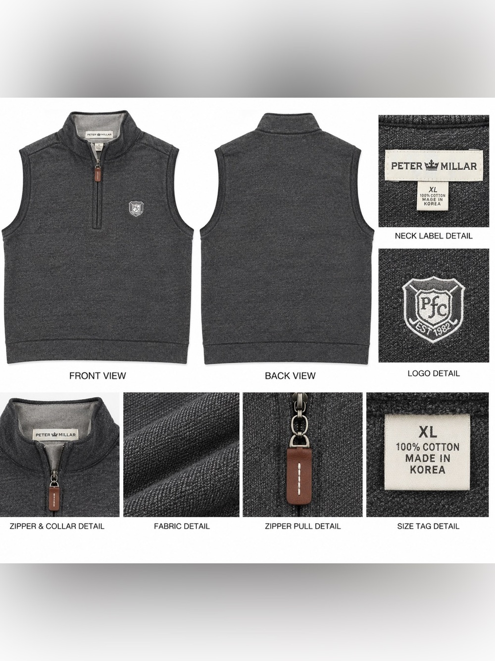 Peter Millar Men’s Gray Cotton Quarter Zip Golf Vest PFC Logo XL